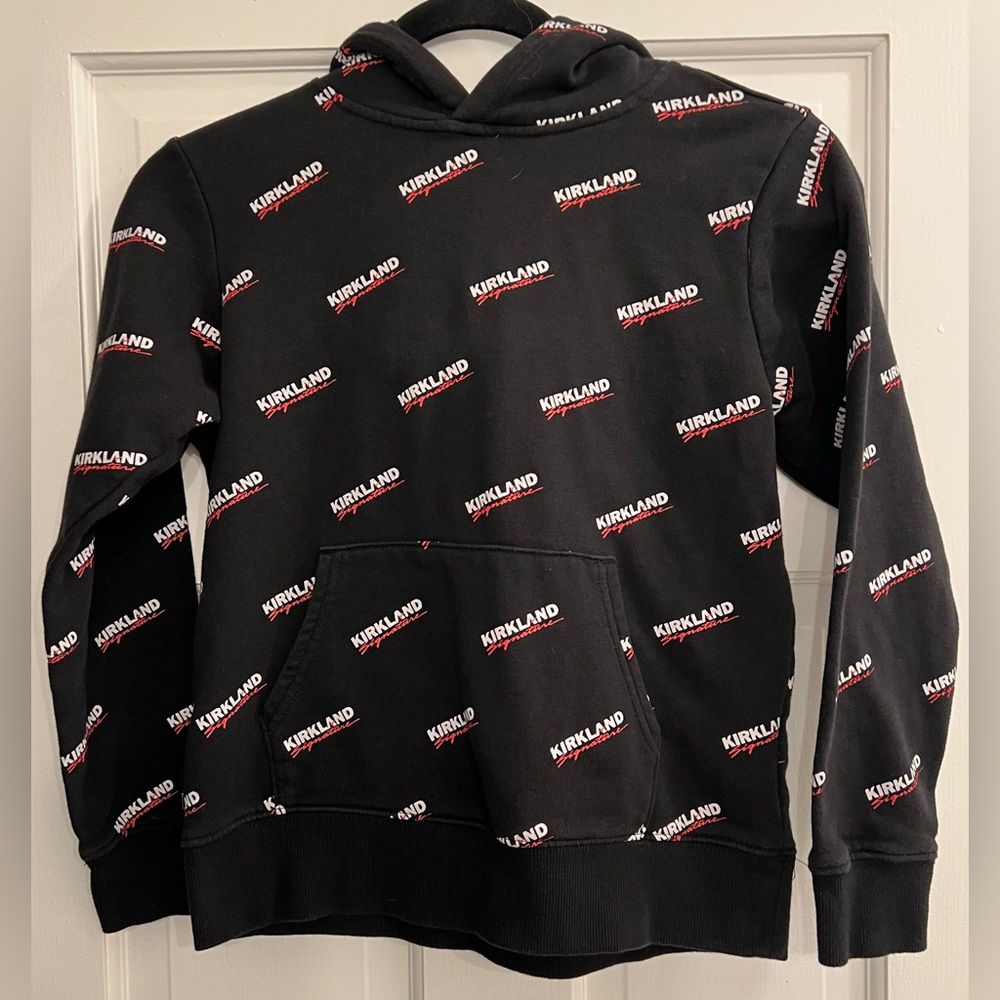Kirkland Signature Black Hoodie with White and Red Logo Print